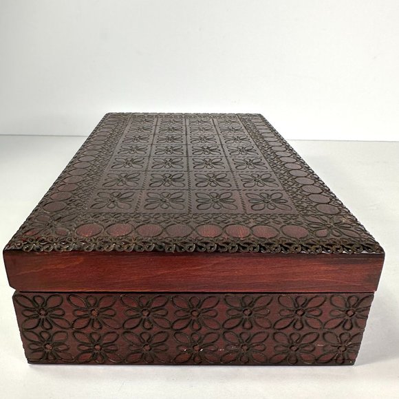 Etched Carved Wooden Hinged Jewelry Box Made in Poland - Picture 1 of 11